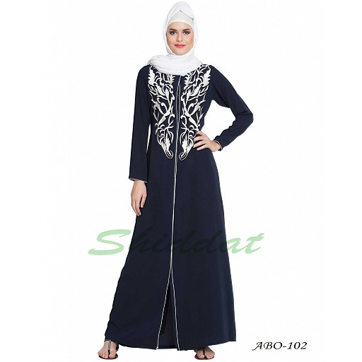 Front open abaya with embroidery- Blue-White